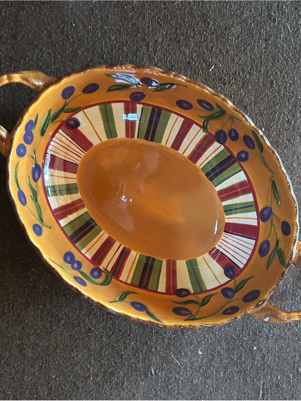 MWW market Orange Serving Bowl with Purple Olive Motif